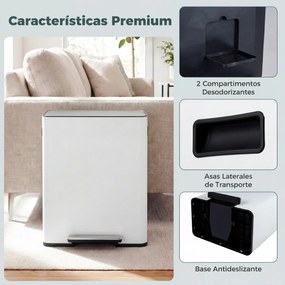 Cubo do lixo de 60 L para cozinha 54 x 34 x 67 cm com 2 compartimentos, tampa com pedal e alças laterais branco