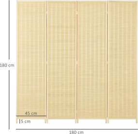 Biombo de madeira para separar divisões, divisória dobrável de 4 painéis, 180 x 180 cm, natural