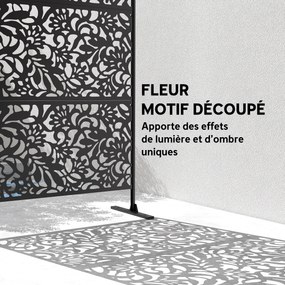 Painel decorativo de proteção visual para exterior, claustra decorativa para jardim, 3 painéis com motivo floral, em aço, 122 x 45 x 198 cm, preto