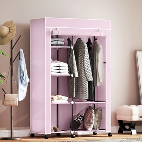 Guarda Roupa de Tecido Dobrável com 6 Prateleiras 1 Barra de Pendurar e Rodas para Quarto 103x43x162,5 cm Rosa