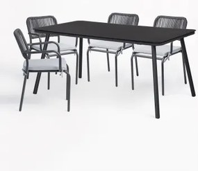 Conjunto De Mesa Retangular 160x90 Cm E 4 Cadeiras De Jardim Empilháveis Em Corda Trançada Arhiza Cinza Grafito - Sklum