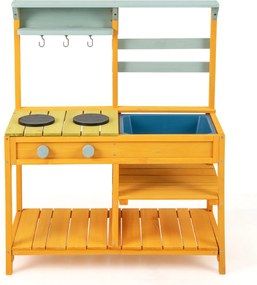 Cozinha de brincar em madeira com puxadores de fogão e lava-loiça exterior para crianças com mais de 3 anos Amarela