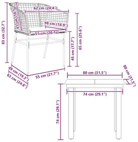 Conjunto jantar jardim 3 peças almofadas vidro vime PE castanho