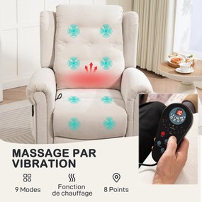 Poltrona relaxante elétrica com função de massagem e aquecimento, com encosto e apoio para os pés ajustáveis manualmente, bolso lateral, bege