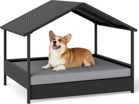 Cama de rattan para cães com toldo de rattan, para jardim 98 x 69 x 74 cm, Suporta 60 kg Almofada removível para interior e exterior cinza e preto