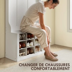 Móvel entrada, Hall 4 em 1 com banco 100 (C) x 35 (P) x 172,2 (A) cm, com 12 compartimentos para sapatos, 6 ganchos e prateleira aberta, branco