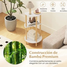 Conjunto de 2 mesas apoio redondas de bambu com 3 níveis e prateleiras de arrumação, para colocar na sala e no quarto, Branco + natural