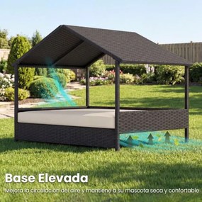 Cama de rattan para cães com toldo de rattan, para jardim 98 x 69 x 74 cm, Suporta 60 kg Almofada removível para interior e exterior Bege e preto