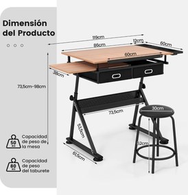 Mesa de desenho estirador ajustável em altura e ângulo 2 gavetas com banco Natural