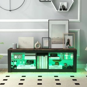 Móvel de TV com luz LED 140 x 35 x 47 cm para TVs até 65'' com Estantes de vidro temperado ajustáveis Castanho e Preto
