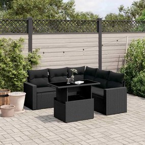 6 pcs conjunto sofás de jardim c/ almofadões vime PE preto