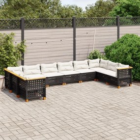 10 pcs conjunto sofás de jardim c/ almofadões vime PE preto