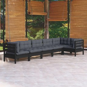 vidaXL 6 pcs conjunto lounge de jardim c/ almofadões pinho preto