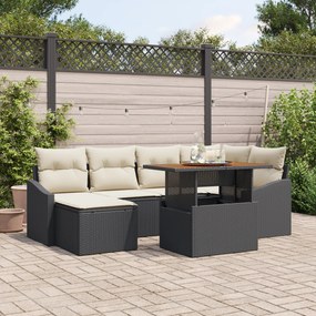 Conjunto de Sofá de Jardim de 7 peças com Almofadas Preto Rattan PE