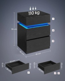 Mesa de cabeçeira com iluminação LED Moderna 35 x 40 x 55 cm preto com grão de madeira