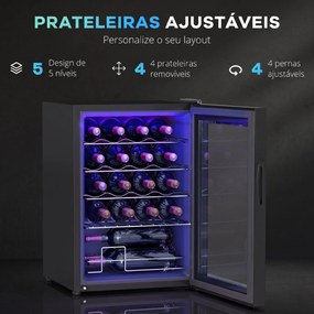 Frigorífico para Vinhos 20 Garrafas com Compressor, Porta Anti-UV, 5-18 °C, Painel Tátil, Luz LED, 39 dB, Preto