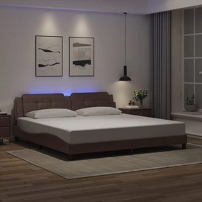 Estrutura cama c/ luz LED 200x200 cm couro artificial castanho