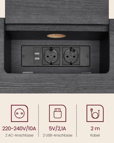 Mesa consola com 2 tomadas e 2 portas USB 25 x 120 x 81,1 cm Preto antracite e cinzento