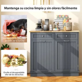 Armário de lixo rebatível para cozinha 100 x 35 x 90,5 cm com contentor oculto de 42 L 2 gavetas Cinzento