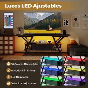 Móvel de TV de 140 cm Armário de televisão de 55-65 polegadas de 3 níveis com luzes LED coloridas ajustáveis Castanho e Preto
