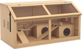 PawHut Gaiola Grande para Hamster em Madeira 85x45x44 cm com Tampa Rebatível, Ponte Suspensa, Casinha e Rampas, Natural | Aosom Portugal