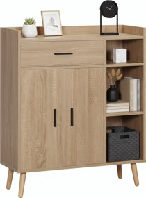 HOMCOM Aparador Moderno 2 Portas 1 Gaveta 3 Prateleiras Abertas Auxiliar Armazenamento Espaçoso 80x30x96,5cm Madeira | Aosom Portugal