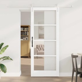 vidaXL Porta Deslizante com Conjunto de Ferragem 'ORKDAL'Branca Madeira Sólida & Vidro