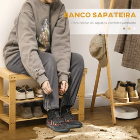 Banco Sapateira de Bambu Sapateira com Assento Organizador de Sapatos com 2 Prateleiras para 6-9 Pares de Sapatos para Entrada Sala de Estar Dormitóri