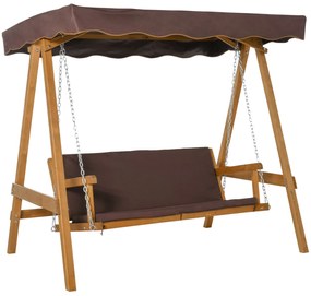 Outsunny Balanço de jardim de madeira para 3 lugares com almofada e encosto acolchoado removível e Ângulo do toldo e altura de assento ajustável ao ar livre 205x130x185 cm marrom