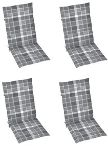 Cadeiras jardim c/ almofadões xadrez cinzento 4 pcs teca maciça