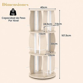 Estante Giratória para Livros, 40 x 40 x 107,5 cm, Rotação de 360° em 3 Níveis, Natural