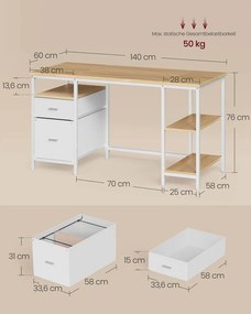 Secretária com 3 prateleiras e 2 gavetas 60 x 140 x 76 cm cor de carvalho natural + branco