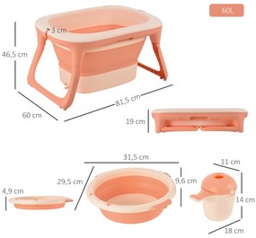 HOMCOM Banheira dobrável e portátil para bebê com recipiente para xampu bacia e banco conjunto de 4 peças de banho81,5x60x46,5 cm Rosa