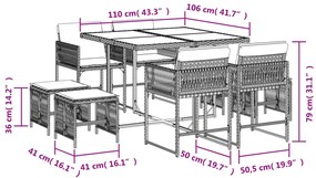 9 pcs conjunto de jantar p/ jardim c/ almofadões vime PE cinza