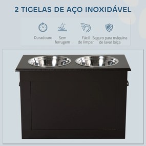 Comedouro Elevado para Cães com 2 Tigelas de Aço Inoxidável e Espaço de Armazenamento Oculto 60x30x41 cm Castanho Escuro