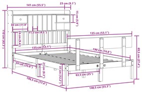 Cama com estante sem colchão 135x190 cm pinho maciço branco