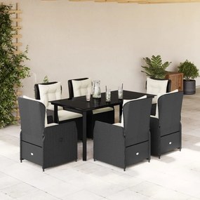 7 pcs conjunto de jantar p/ jardim c/ almofadões vime PE preto