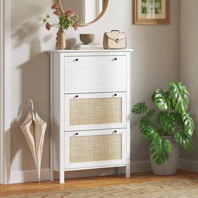 Sapateira, Móvel para sapatos 80 x 23,5 x 121,5 cm, armário de 3 portas com abas, efeito de vime - em madeira natural