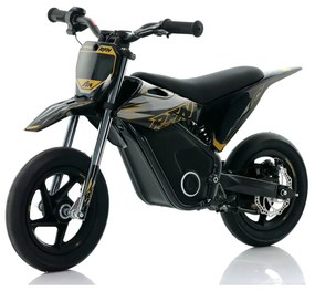 Mini moto eléctrica velocidade até 13 Km/h C/Limitador RFN Warrior Kids SX-E150 150W 12/12” Supermotard Preto e Dourada