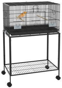 Gaiola para Pássaros com Rodas 77x46x119 cm Bandeja Amovível 2 Poleiros 2 Comedouros e Prateleira de Armazenamento Preto