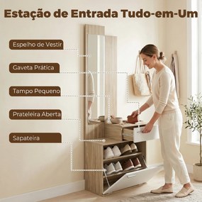 Móvel de Entrada com Espelho Sapateira Basculante Assento Gaveta e Compartimento Aberto 61x30x170 cm Branco