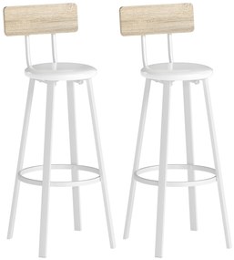 Conjunto de 2 Bancos de Bar Bancos Altos de Cozinha com Encosto e Apoio para Pés Estofados em PU Assento 41,5x36,5x99,5 cm Madeira e Branco