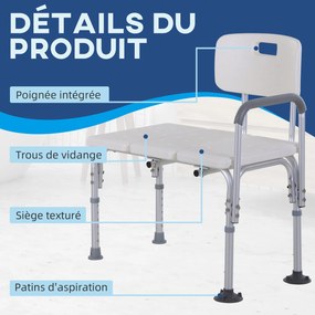 Banco de duche com encosto ergonómico, altura ajustável, pés antiderrapantes, assento amplo, carga máxima de 136 kg, 74 x 53 x 80-92 cm, branco