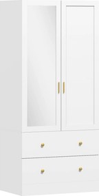 HOMCOM Roupeiro com 2 Portas e 2 Gavetas Armário Roupeiro com Espelho Barra para Pendurar Estilo Moderno 80x50x180 cm Branco | Aosom Portugal