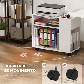 Mesa escritorio impressora com Rodas Compartimentos Superiores e Prateleiras Abertas 70x36x60 cm Branco