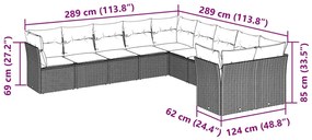 10 pcs conj. sofás jardim com almofadões vime PE cinzento-claro