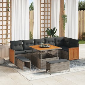 Conjunto de Sofá de Jardim de 9 Peças com Almofadas Cinza Polyrattan Acácia