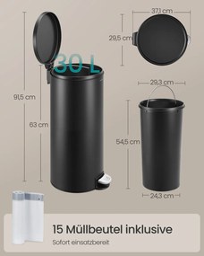 Caixote do lixo redondo de 30 L com pedal e cesto interior removível, preto