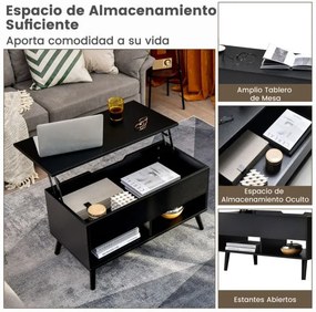 Mesa de centro com tampo elevável 80 x 40 x 46 cm, compartimento oculto e 2 prateleiras para sala de estar Preta