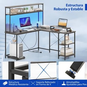 Secretária 145 x 145 x 147 cm em forma de L convertível com tomadas e portas USB e iluminação inteligente cinzento